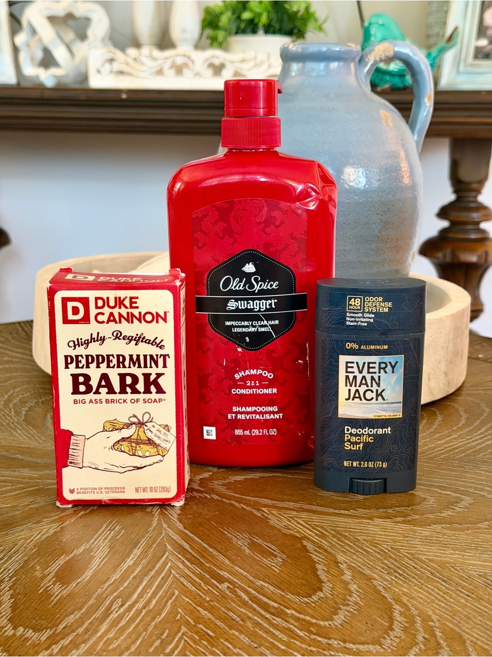 Old Spice Swagger, Duke Cannon soap, and Every Man Jack Deo